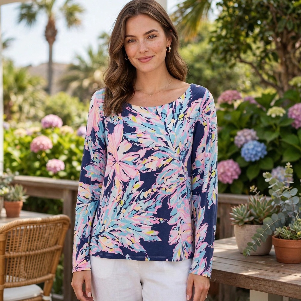 Lilly Pulitzer Etta Top Splendor in the Sand Twist Back Floral Knit Navy Large